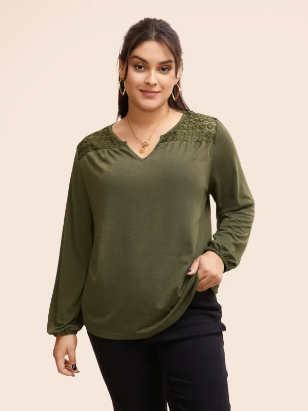 Notched Collar Lace Patchwork Gathered T-shirt sold by Bloomchic