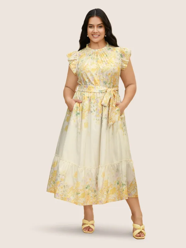 Boho Print Mock Neck Ruffle Cap Sleeve Dress sold by Bloomchic