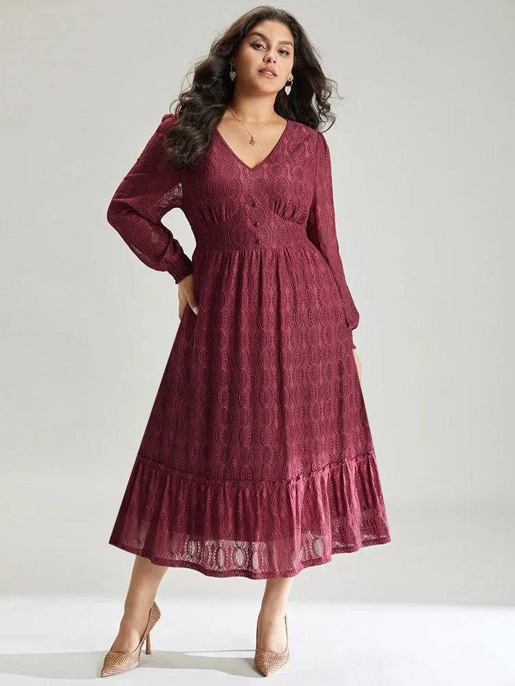 Contrast Lace Button Detail Shirred Ruffle Hem Dress sold by Bloomchic product image thumbnail 2