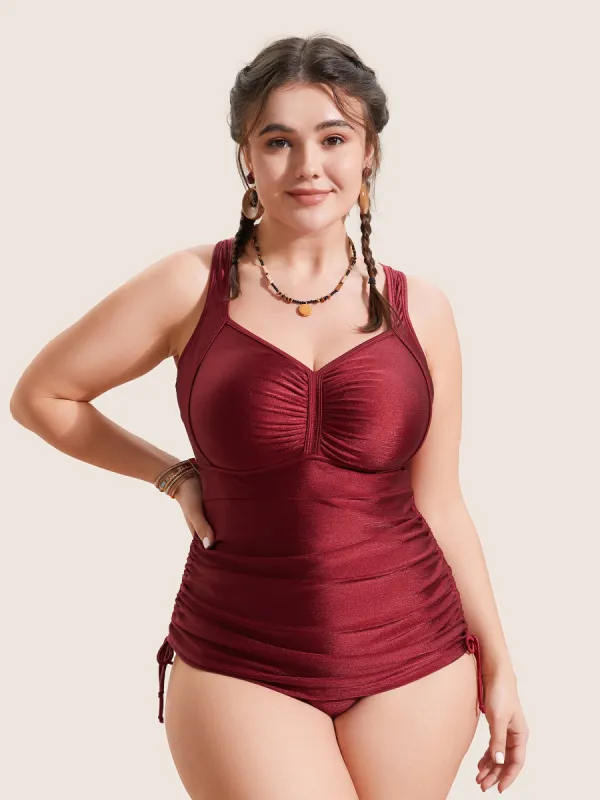 Ruched Skinny Drawstring Heart Neckline One Piece Swimsuit sold by Bloomchic