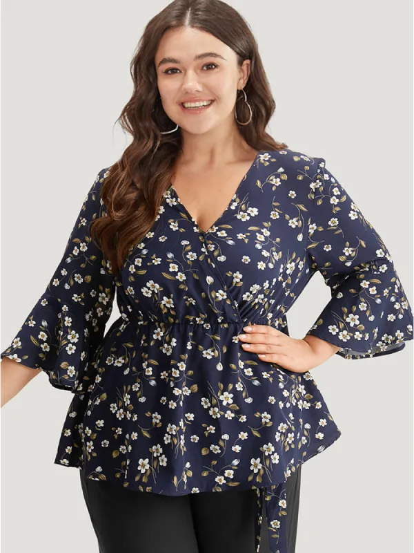 Floral Wrap Flutter Sleeve  Woven Blouse sold by Bloomchic