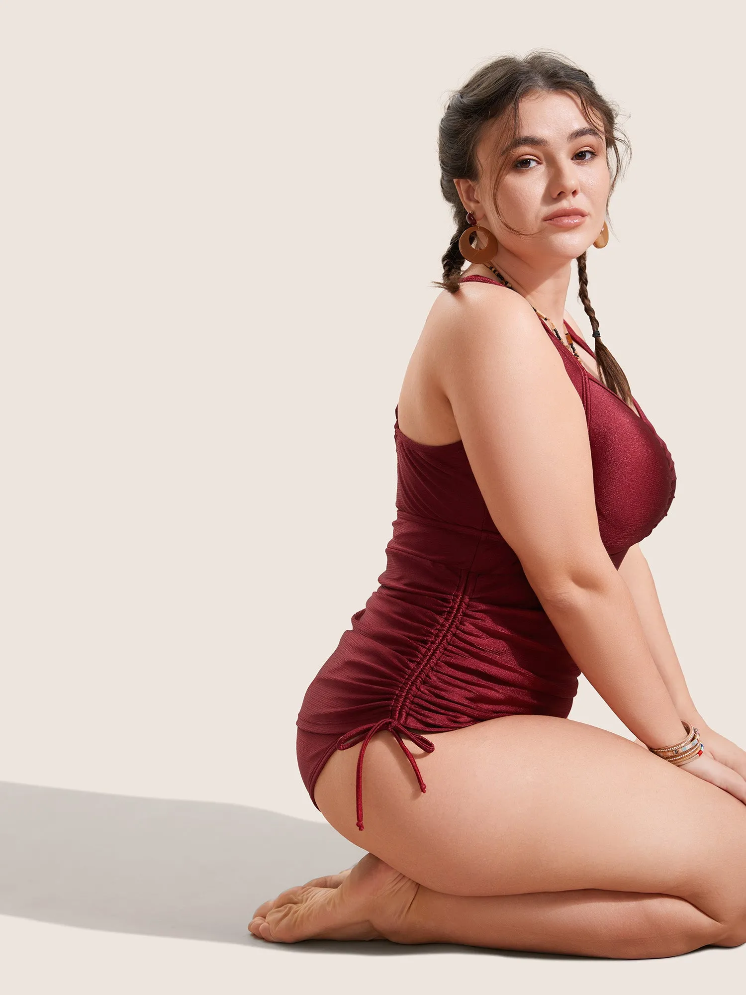 Ruched Skinny Drawstring Heart Neckline One Piece Swimsuit sold by Bloomchic product image thumbnail 2