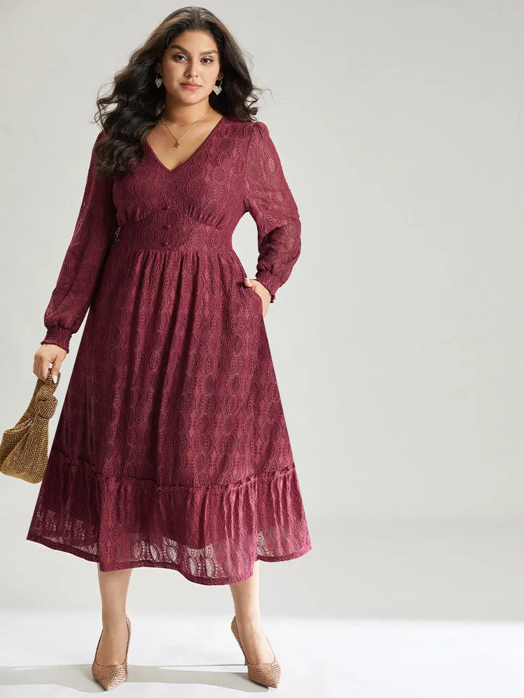 Contrast Lace Button Detail Shirred Ruffle Hem Dress sold by Bloomchic