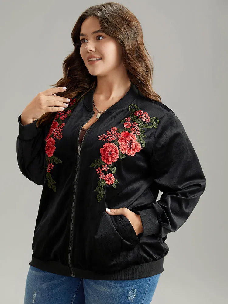 Velvet Floral Embroidered Zipper Pocket Bomber Jacket sold by Bloomchic product image thumbnail 4