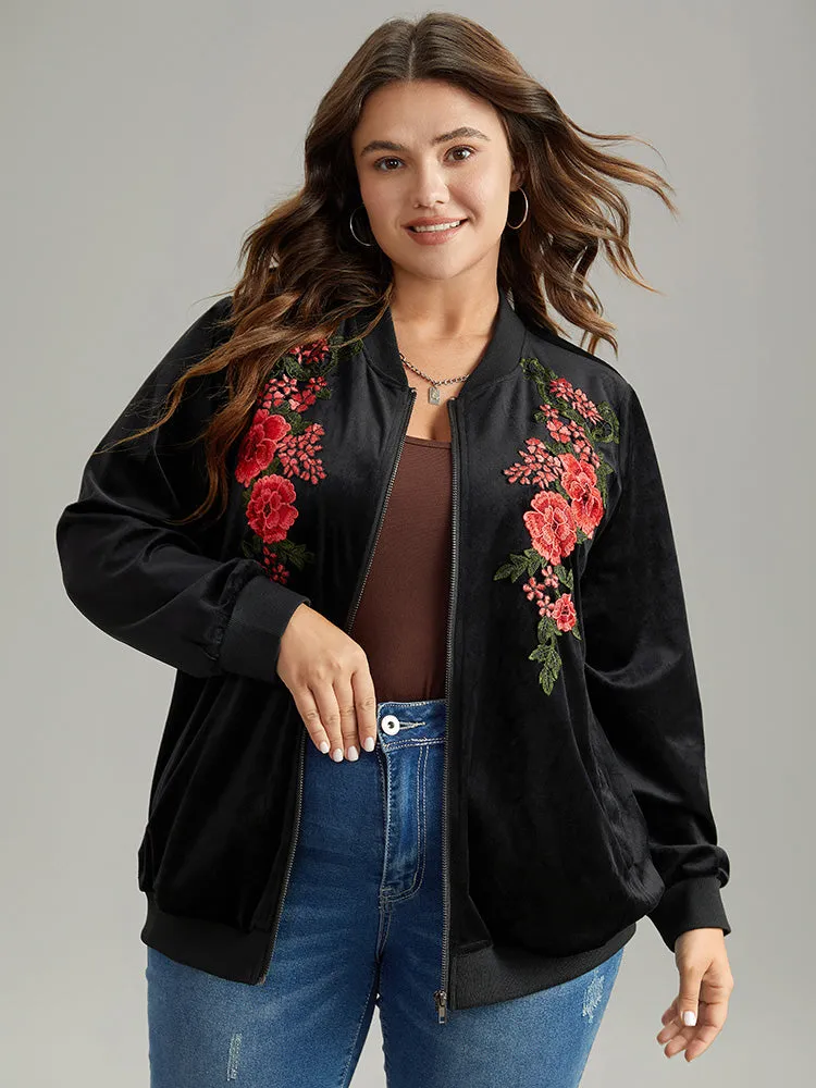 Velvet Floral Embroidered Zipper Pocket Bomber Jacket sold by Bloomchic