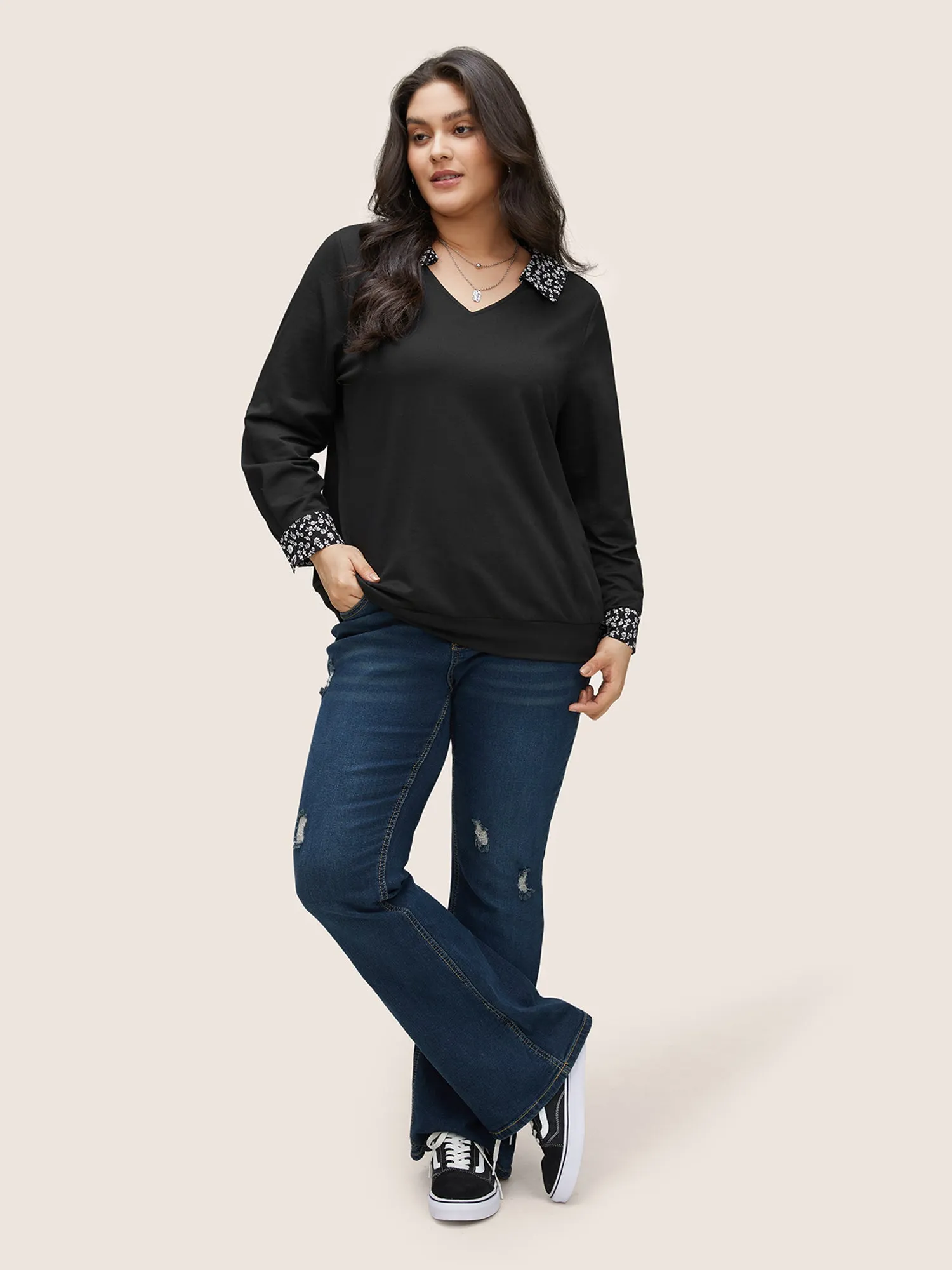 Ditsy Floral Patchwork Shirt Collar Sweatshirt sold by Bloomchic product image thumbnail 3