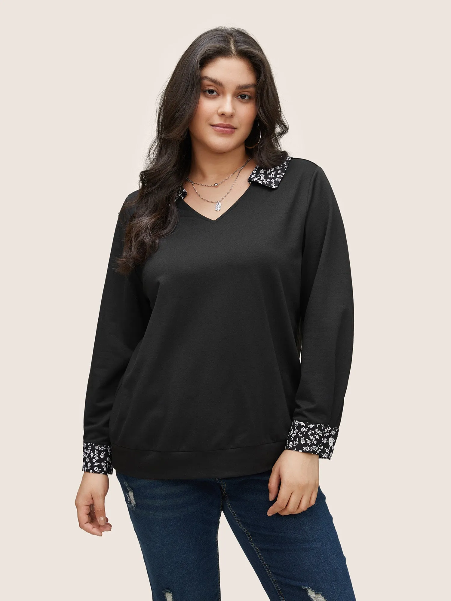 Ditsy Floral Patchwork Shirt Collar Sweatshirt sold by Bloomchic