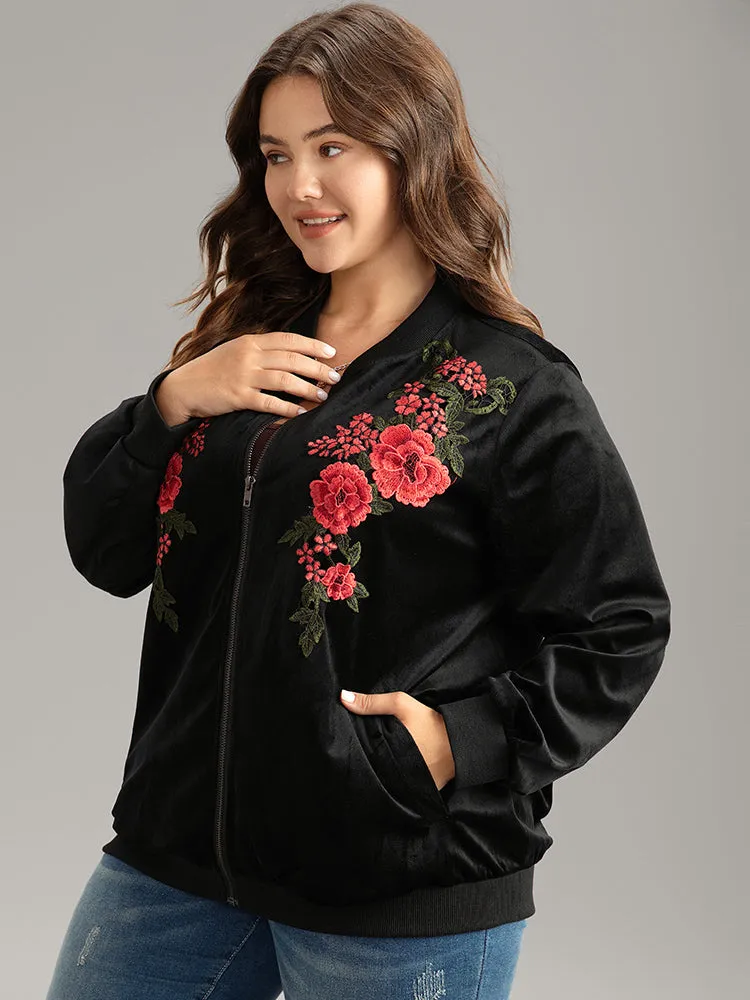 Velvet Floral Embroidered Zipper Pocket Bomber Jacket sold by Bloomchic product image thumbnail 5