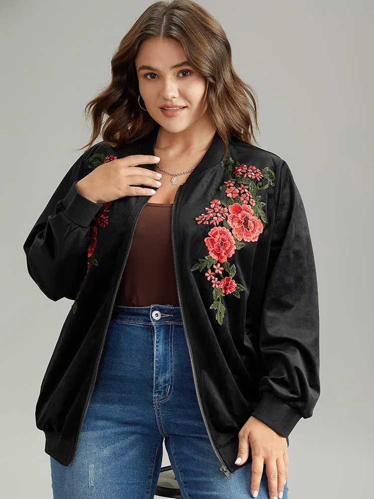 Velvet Floral Embroidered Zipper Pocket Bomber Jacket sold by Bloomchic product image thumbnail 2