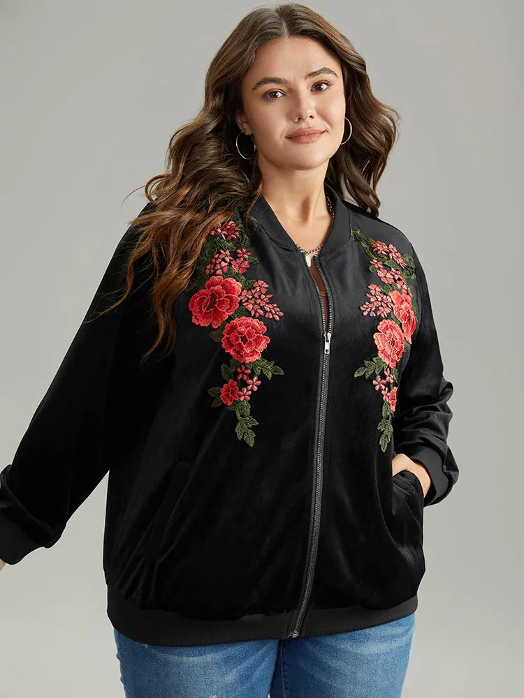 Velvet Floral Embroidered Zipper Pocket Bomber Jacket sold by Bloomchic product image thumbnail 3