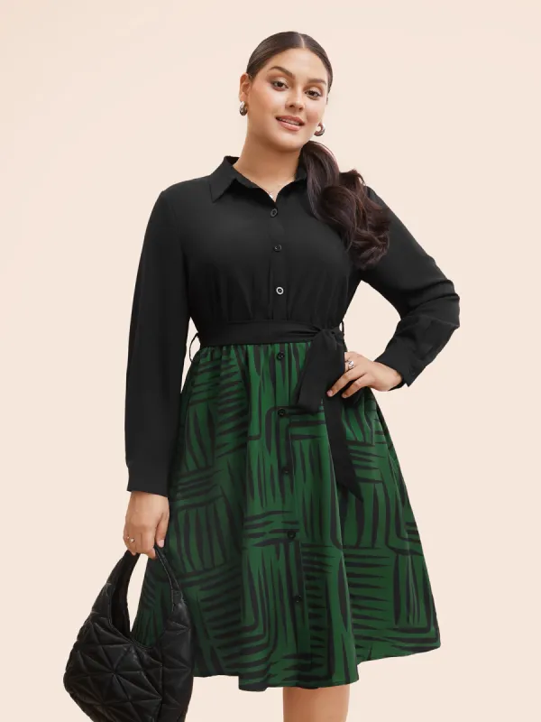 Geometric Patchwork Button Up Belted Dress sold by Bloomchic