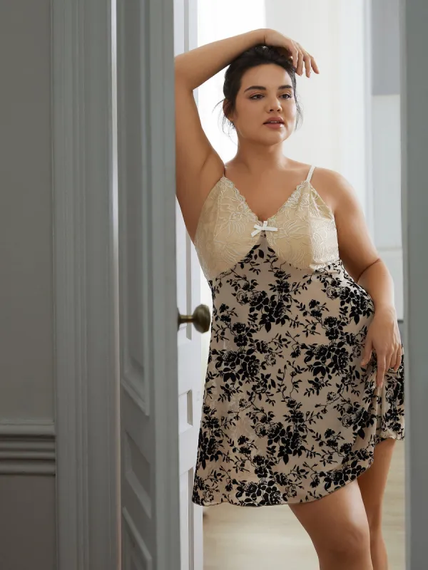 Silhouette Floral Print Lace Panel Bowknot Sleep Dress sold by Bloomchic