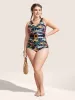 Tropical Print Gathered Belted One Piece Swimsuit sold by Bloomchic