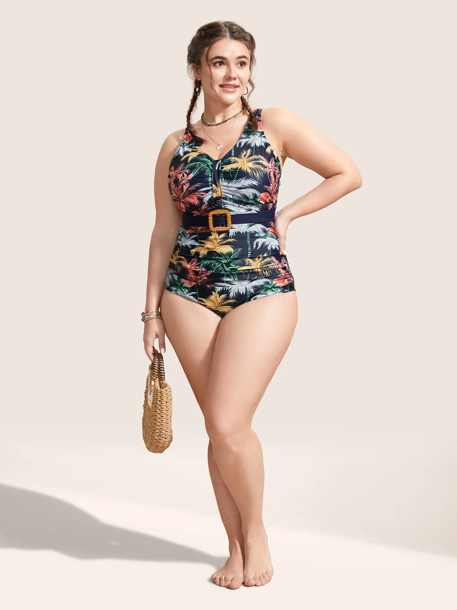 Tropical Print Gathered Belted One Piece Swimsuit sold by Bloomchic product image thumbnail 3