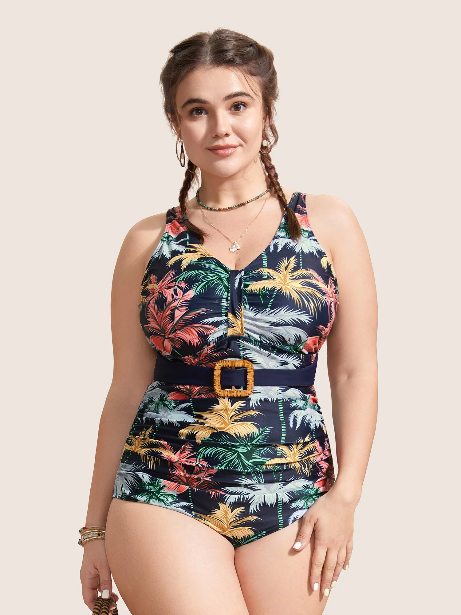 Tropical Print Gathered Belted One Piece Swimsuit sold by Bloomchic