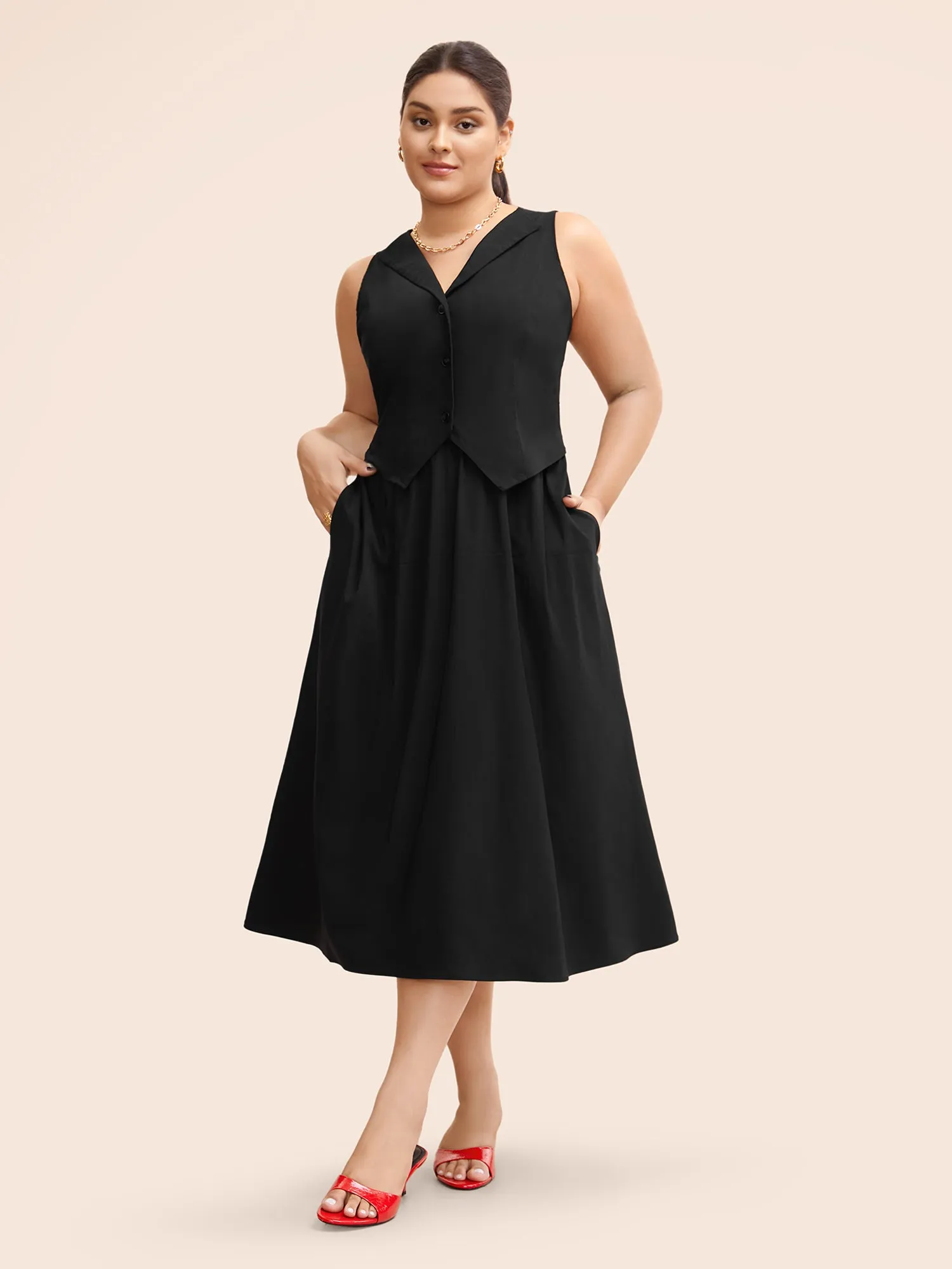 Stretch Woven Vest Flare Midi Dress sold by Bloomchic product image thumbnail 3