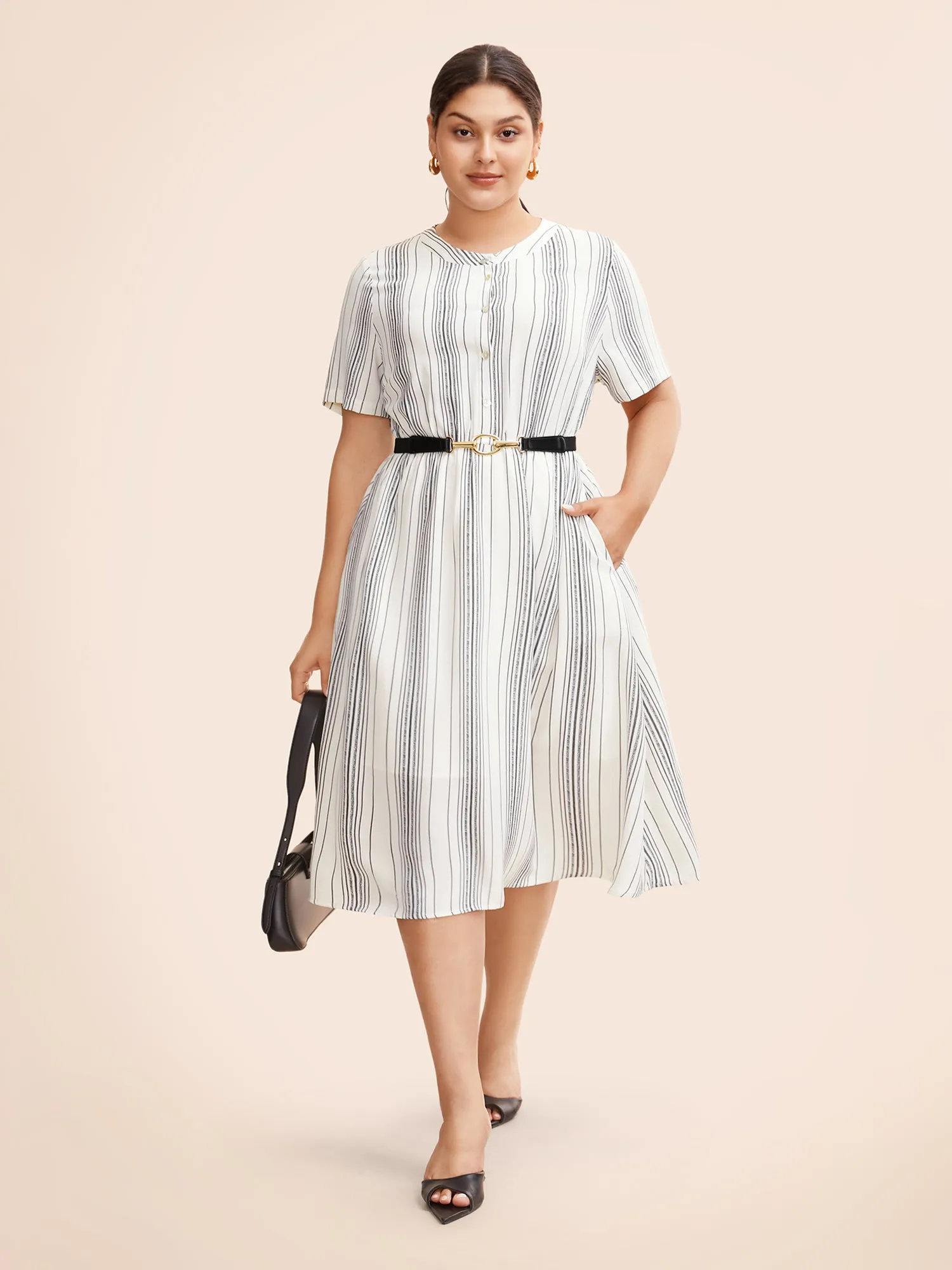 Round Neck Striped Button Up Midi Dress sold by Bloomchic