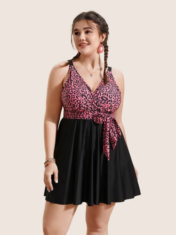 Leopard Print Patchwork Tie Knot Swim Dress sold by Bloomchic