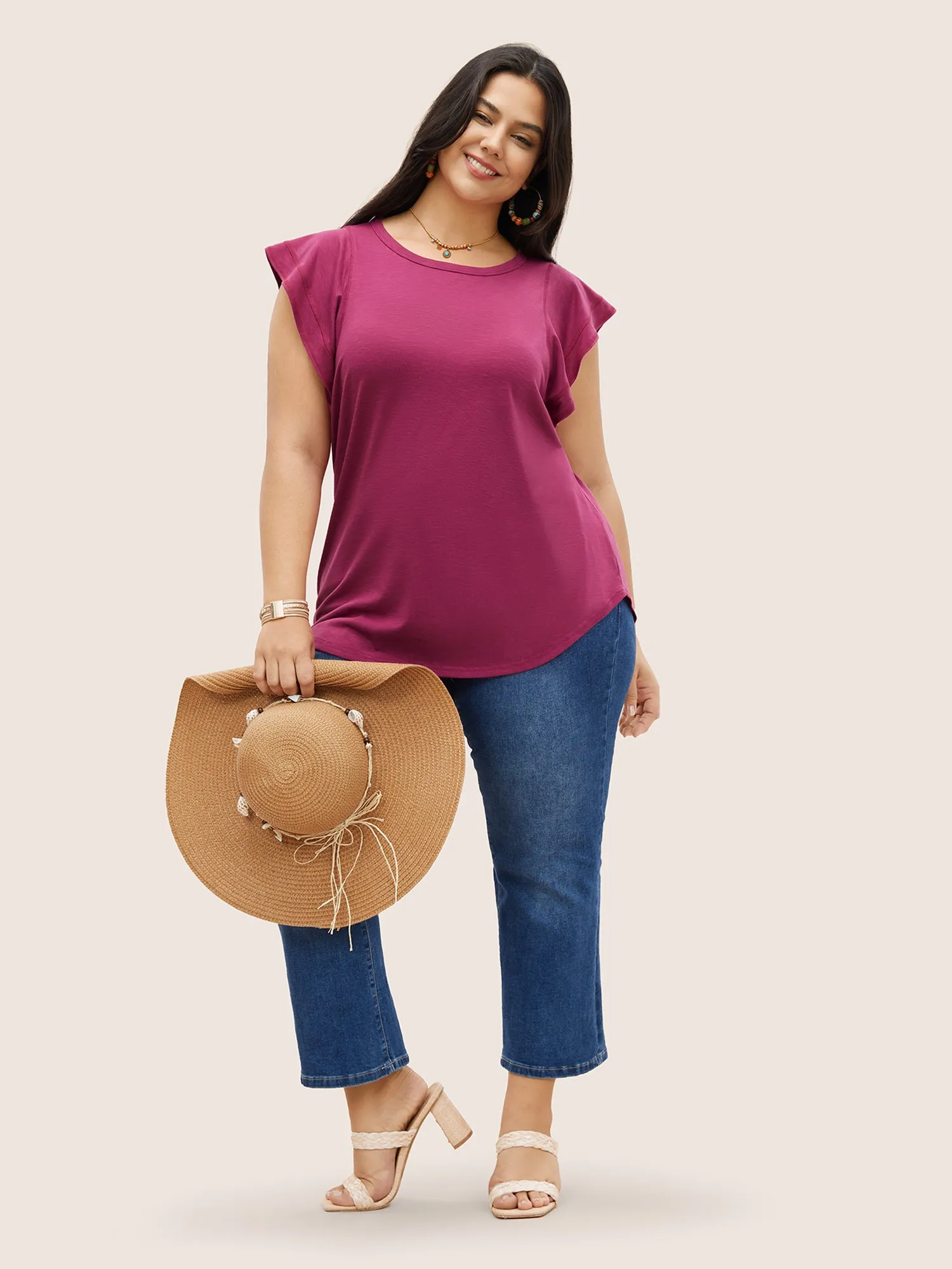 Crew Neck Solid Ruffle Cap Sleeve T-shirt sold by Bloomchic product image thumbnail 3