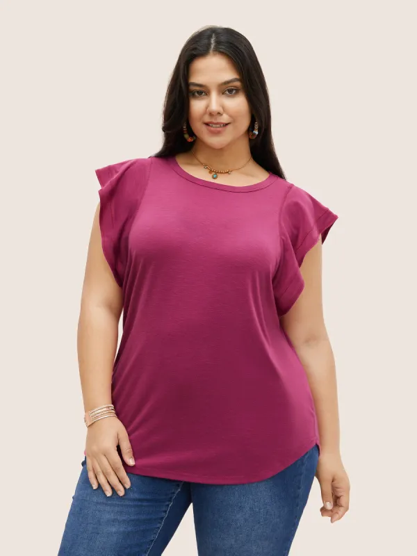 Crew Neck Solid Ruffle Cap Sleeve T-shirt sold by Bloomchic