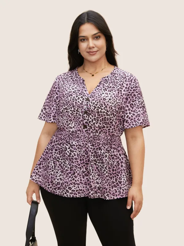 Leopard Print Shirred Ruffle Sleeve Blouse sold by Bloomchic