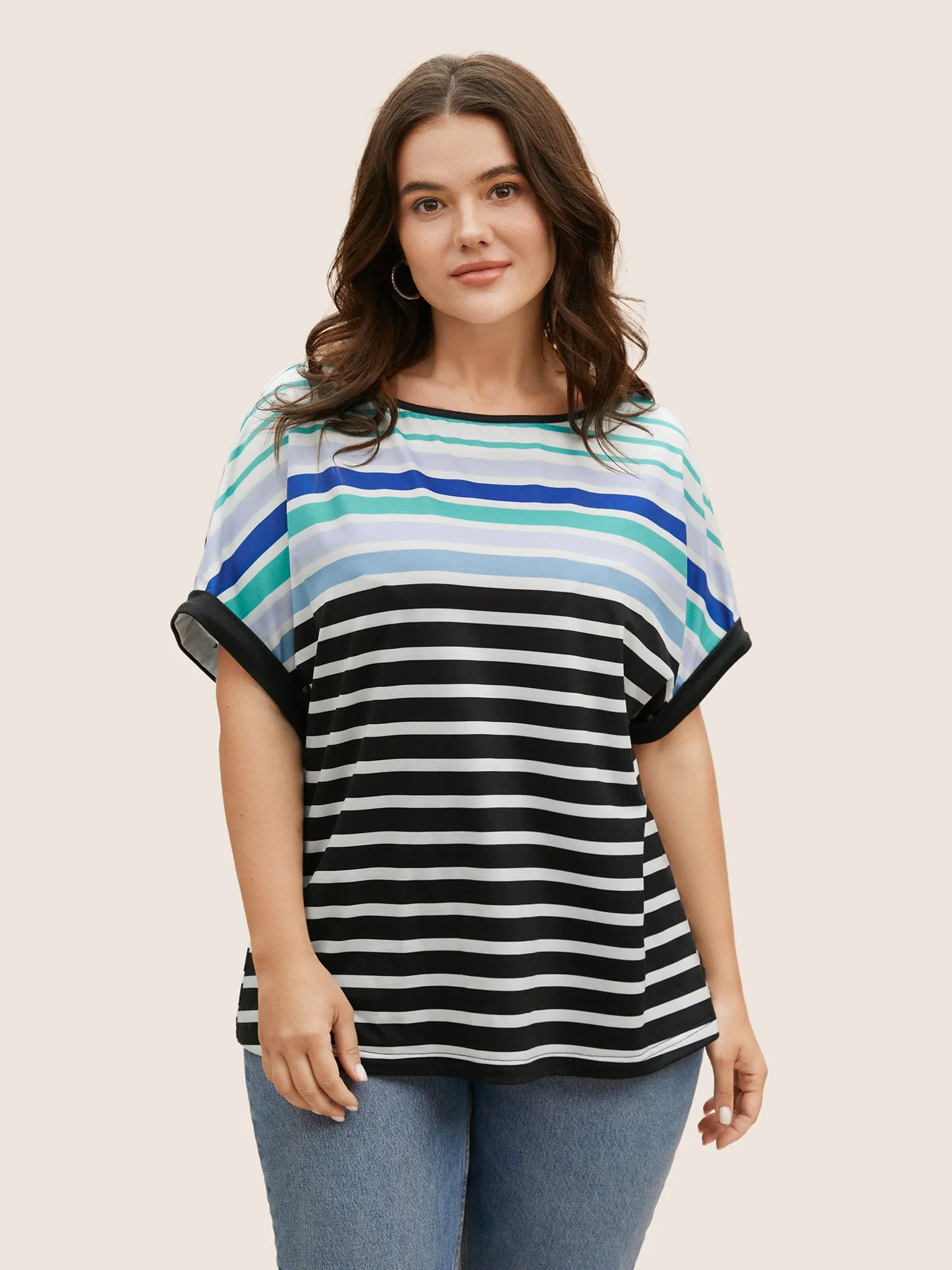Colored Striped Boat Neck Batwing Sleeve T-shirt sold by Bloomchic
