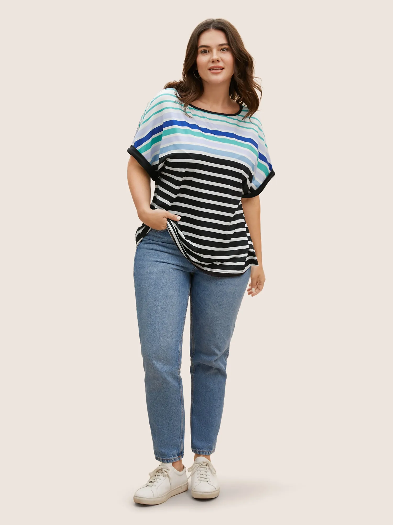 Colored Striped Boat Neck Batwing Sleeve T-shirt sold by Bloomchic product image thumbnail 2