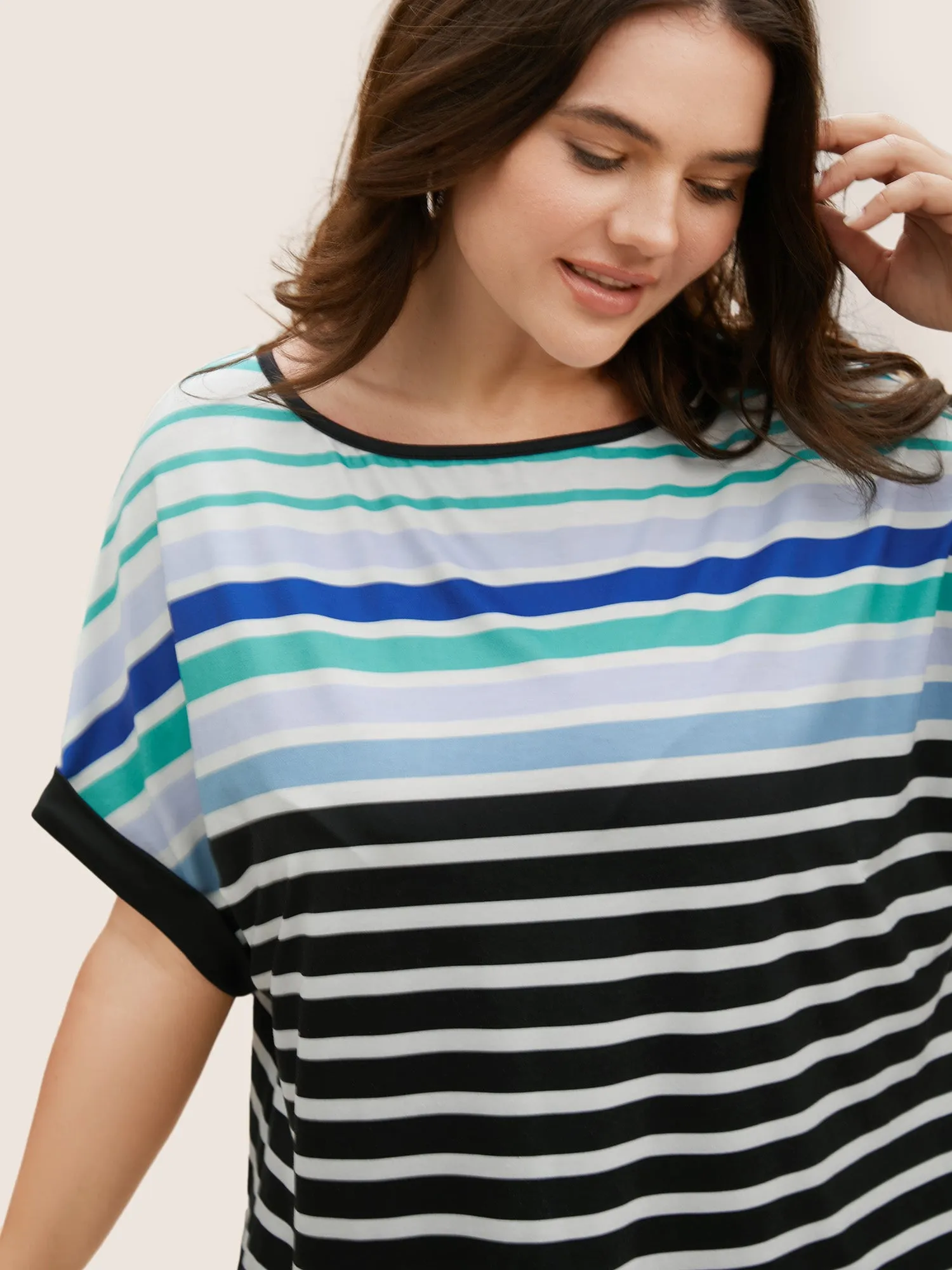 Colored Striped Boat Neck Batwing Sleeve T-shirt sold by Bloomchic product image thumbnail 3