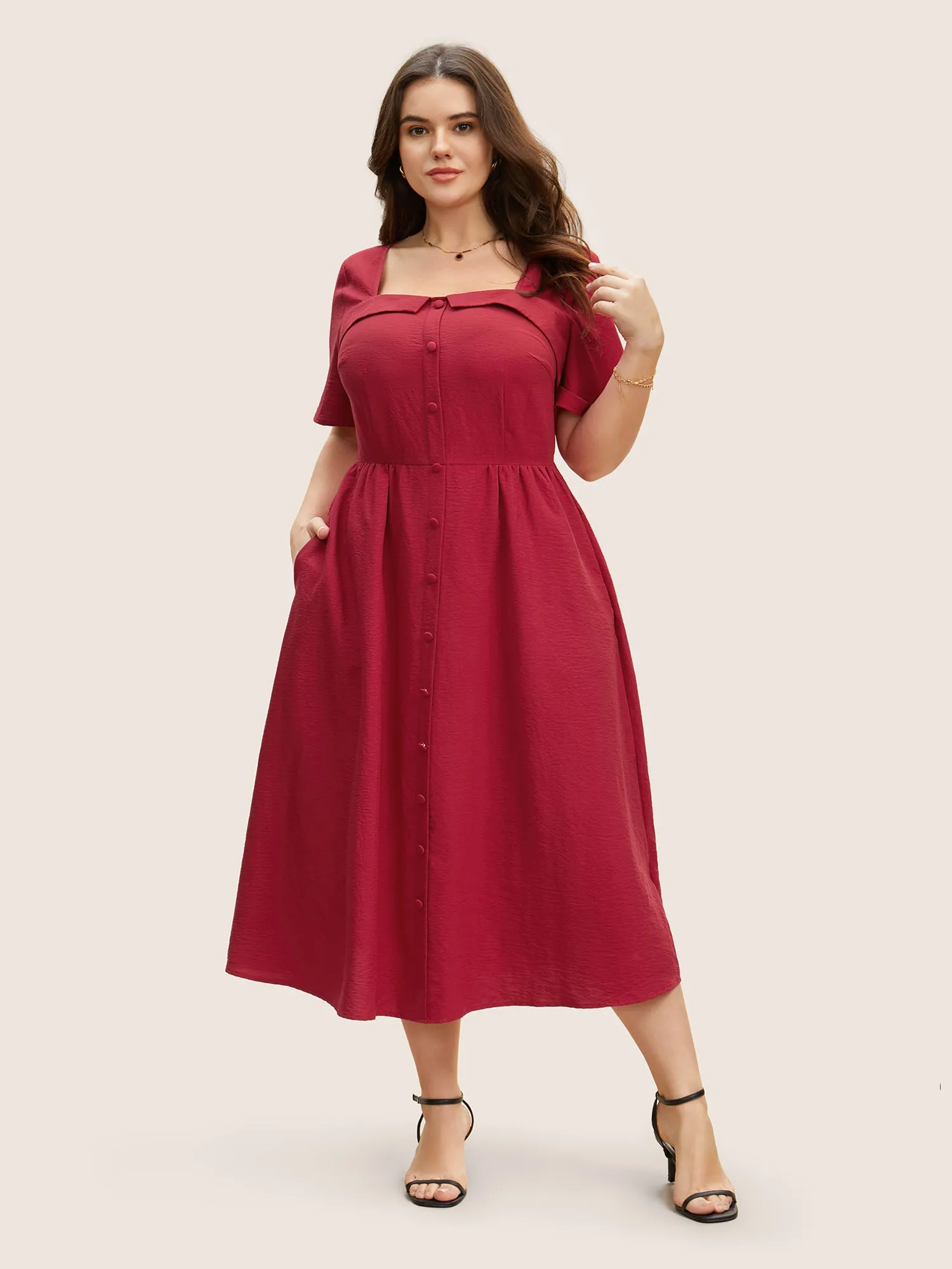 Solid Square Neck Button Detail Midi Dress sold by Bloomchic product image thumbnail 3