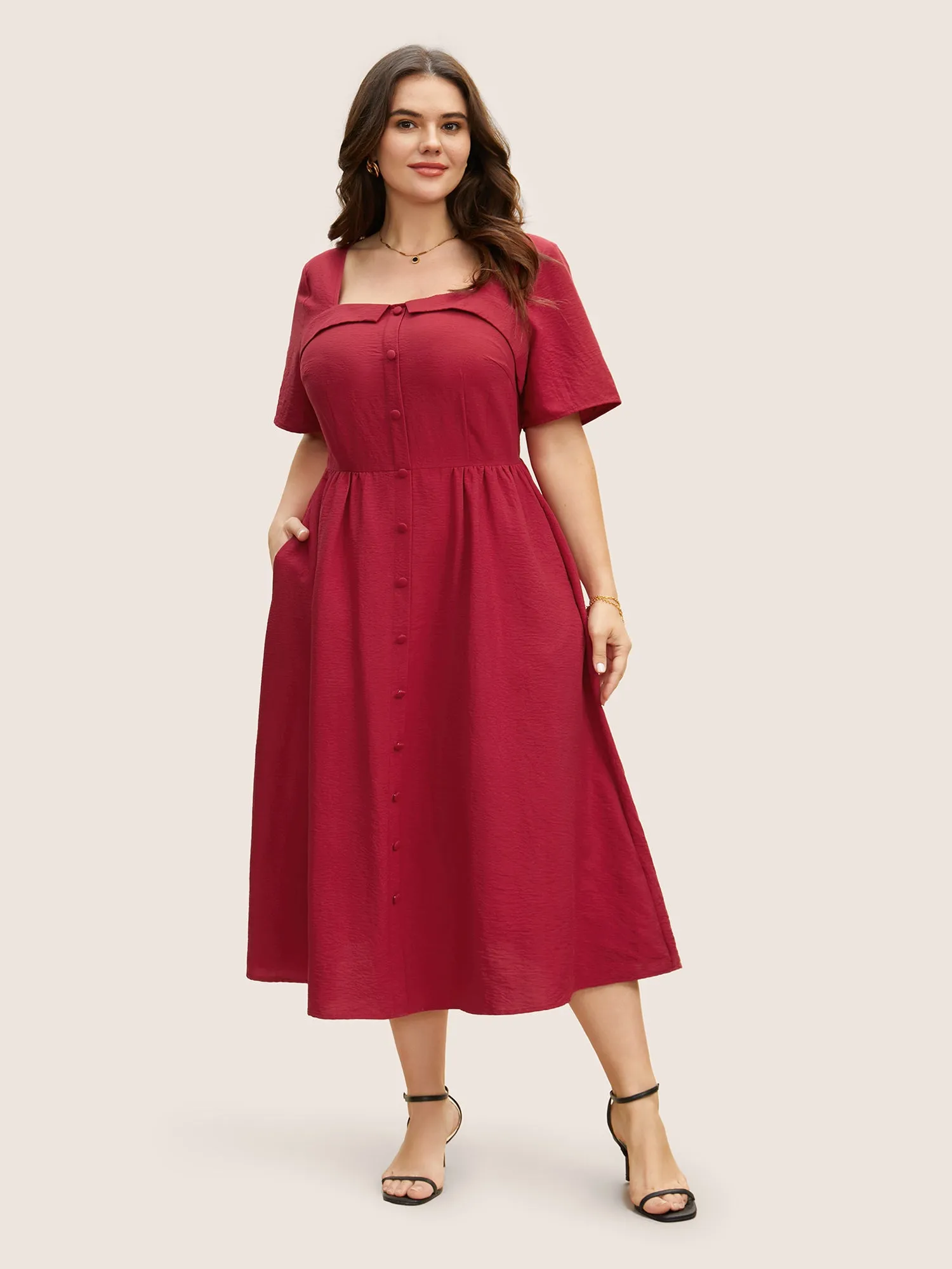 Solid Square Neck Button Detail Midi Dress sold by Bloomchic product image thumbnail 2