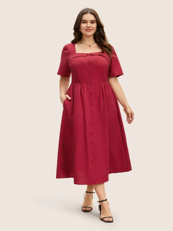 Solid Square Neck Button Detail Midi Dress sold by Bloomchic