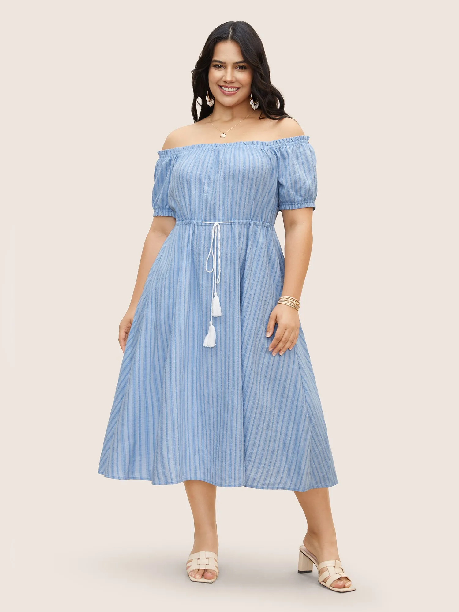 Off Shoulder Striped Frill Trim Tassels Dress sold by Bloomchic