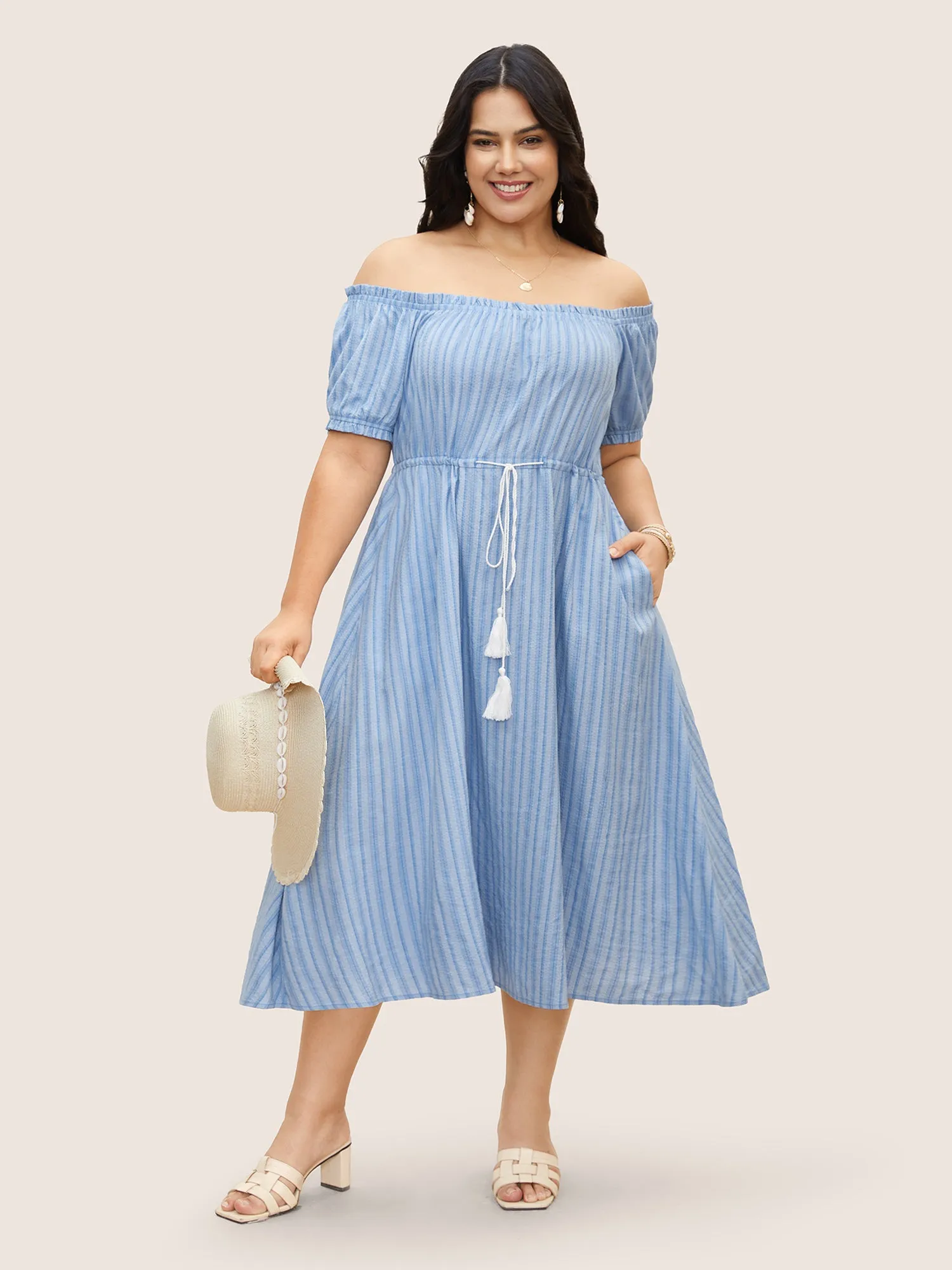 Off Shoulder Striped Frill Trim Tassels Dress sold by Bloomchic product image thumbnail 2