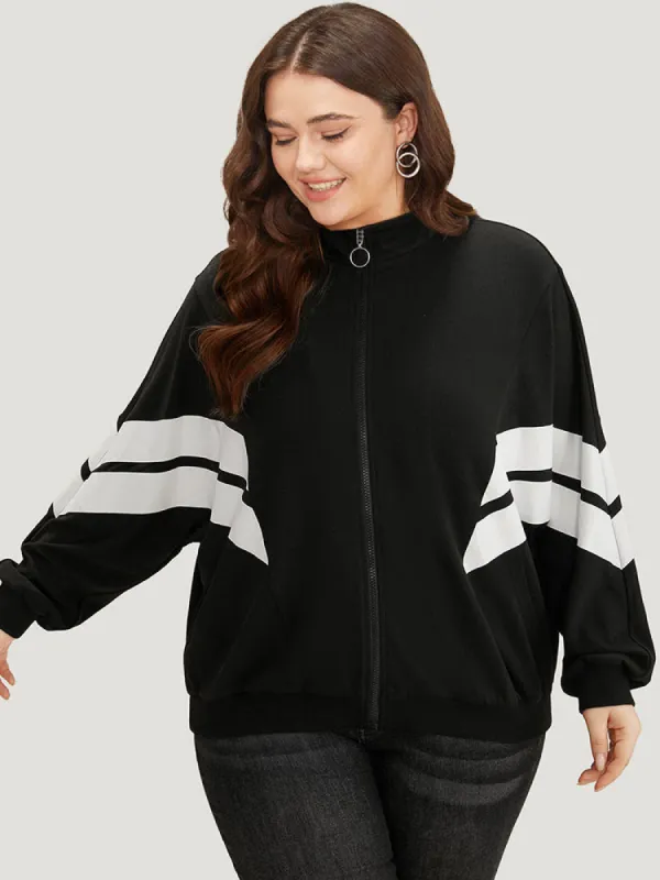 Striped Geometric Mock Neck Zipper Jacket sold by Bloomchic