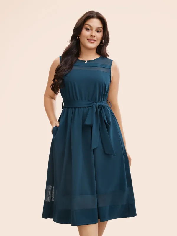 Round Neck Patchwork Mesh Belted Tank Dress sold by Bloomchic