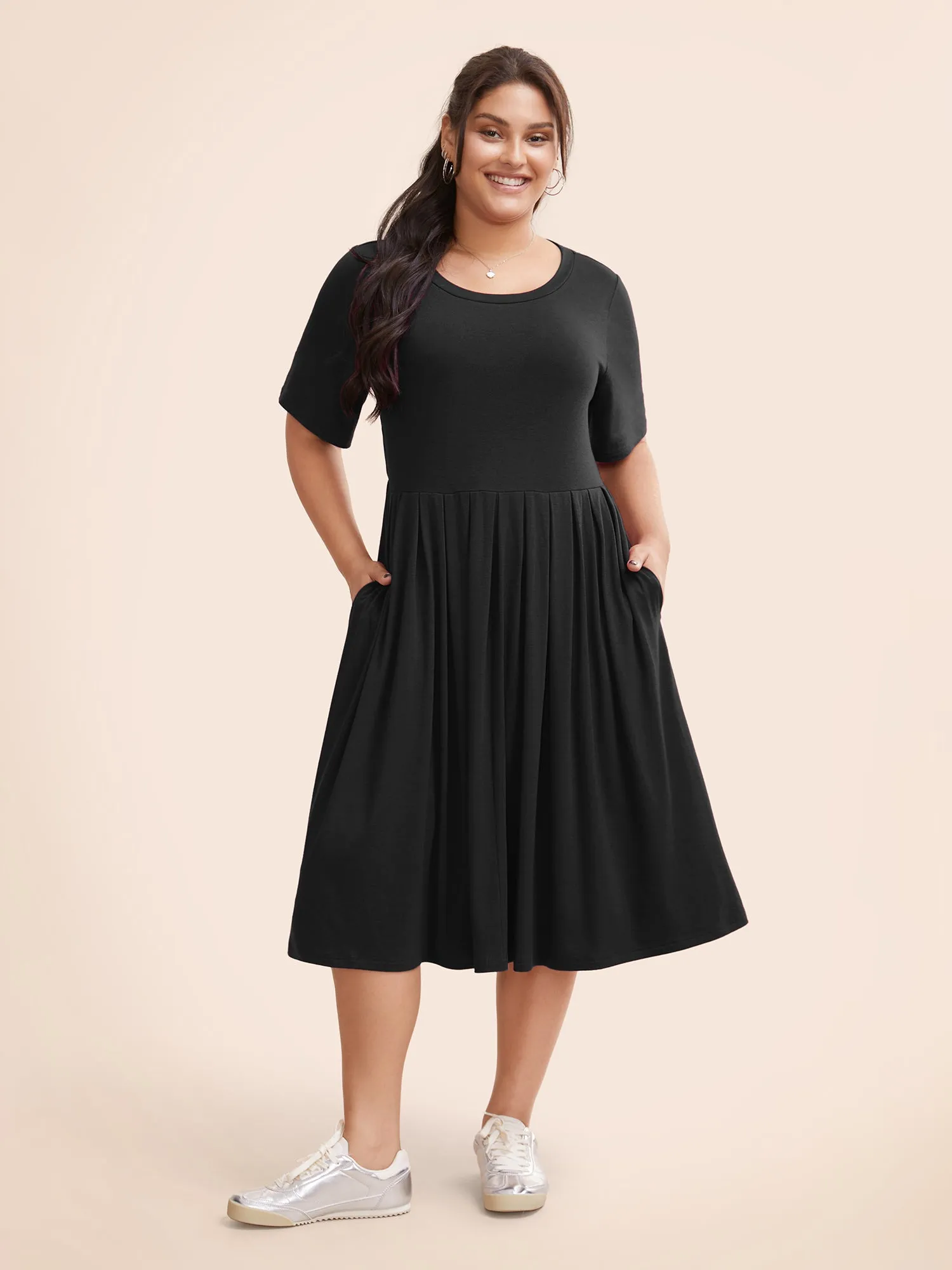 Supersoft Essentials Solid Pleated Round Neck Midi Dress sold by Bloomchic