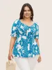 Tropical Print Bowknot Shirred Lantern Sleeve Blouse sold by Bloomchic
