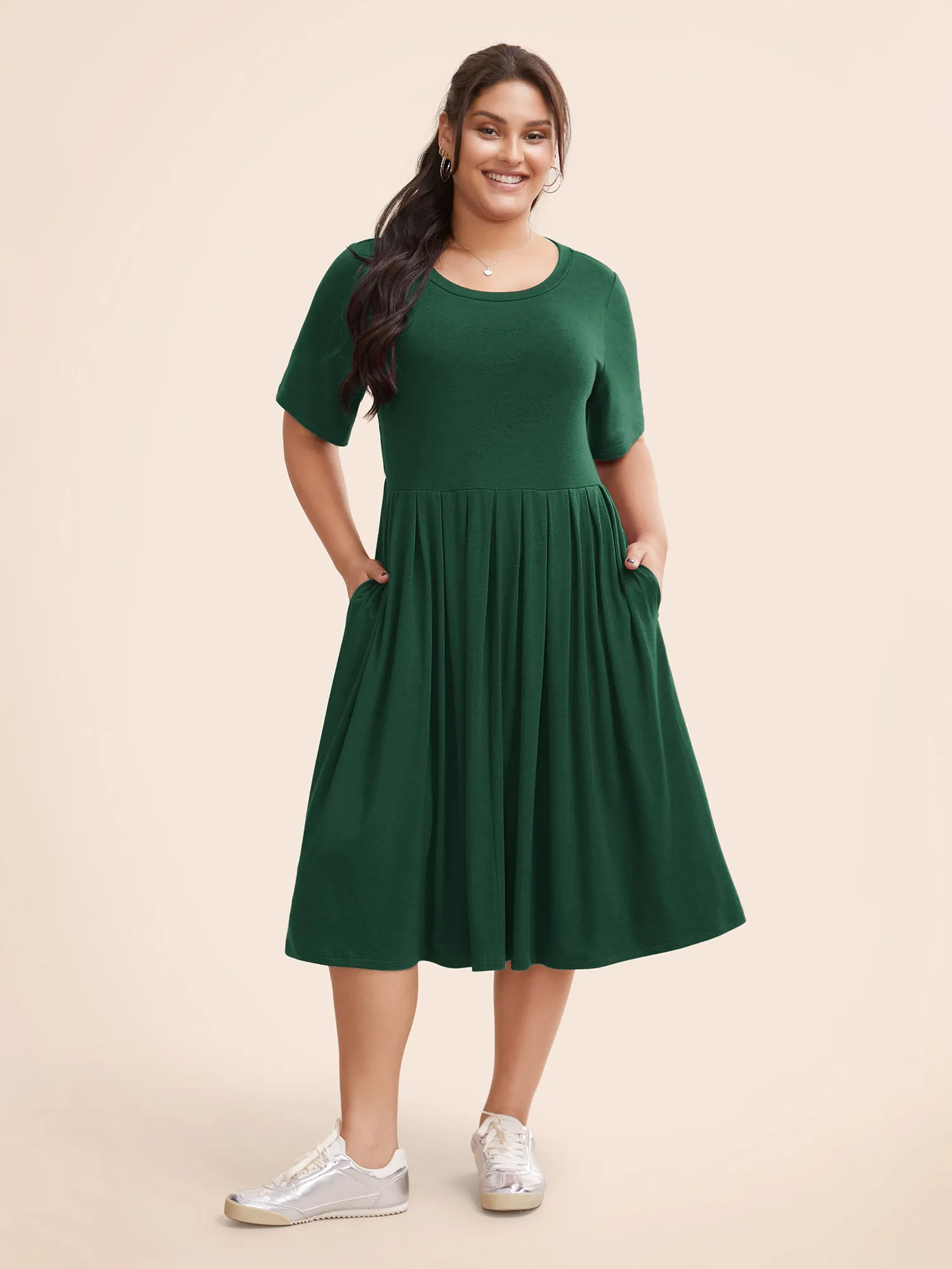 Supersoft Essentials Solid Pleated Round Neck Midi Dress sold by Bloomchic product image thumbnail 5