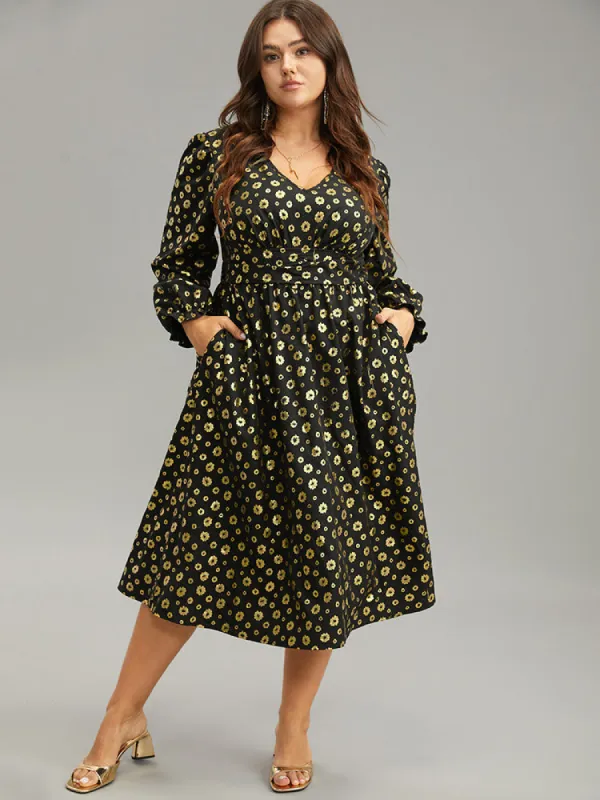Floral Glitter V Neck Pocket Gathered Dress sold by Bloomchic