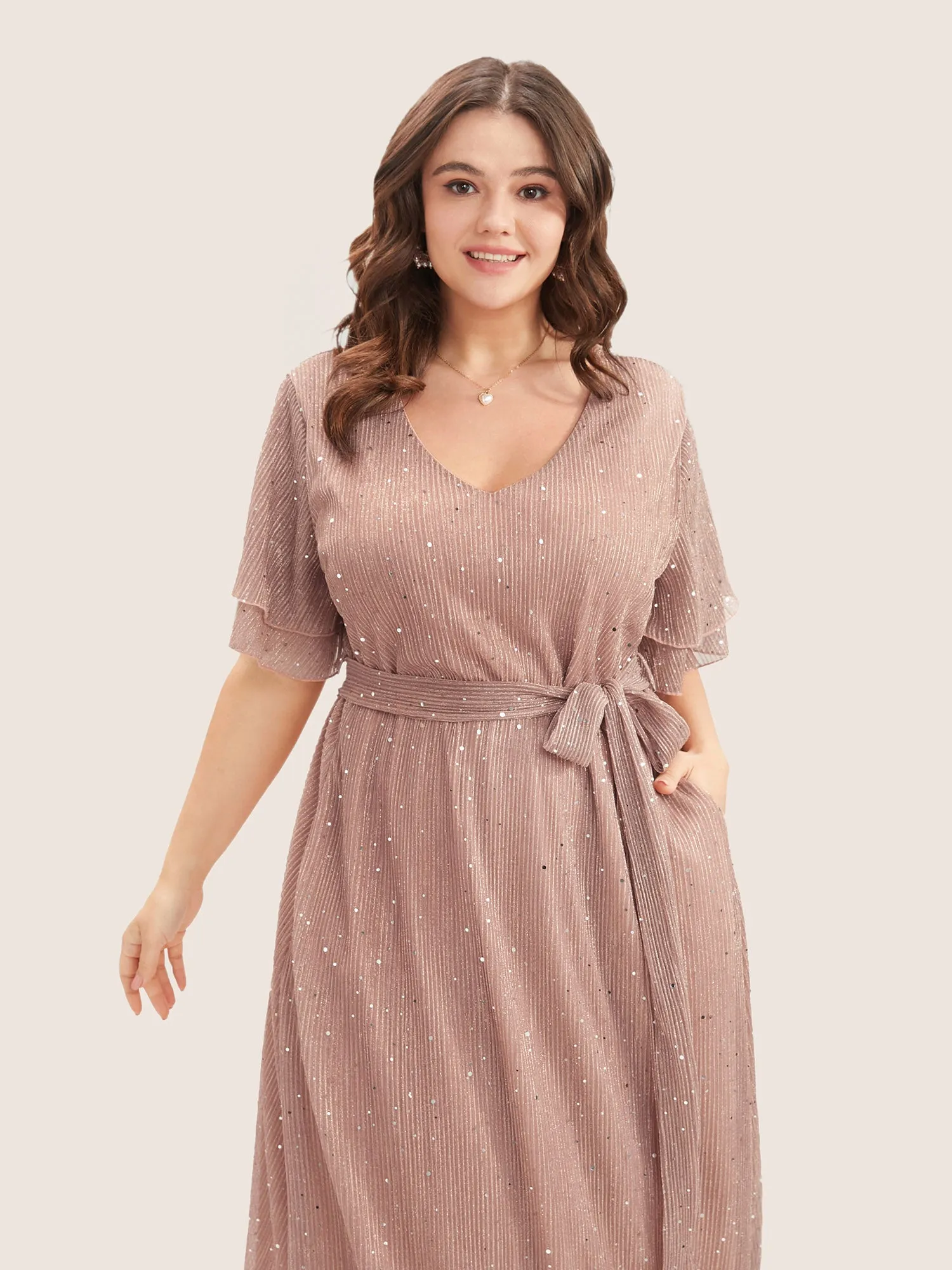 Plain V Neck Mesh Pocket Ruffle Tiered Belted Midi Dress sold by Bloomchic product image thumbnail 5