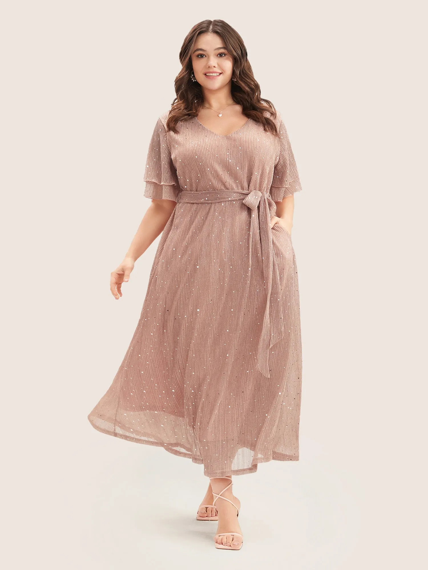 Plain V Neck Mesh Pocket Ruffle Tiered Belted Midi Dress sold by Bloomchic product image thumbnail 3