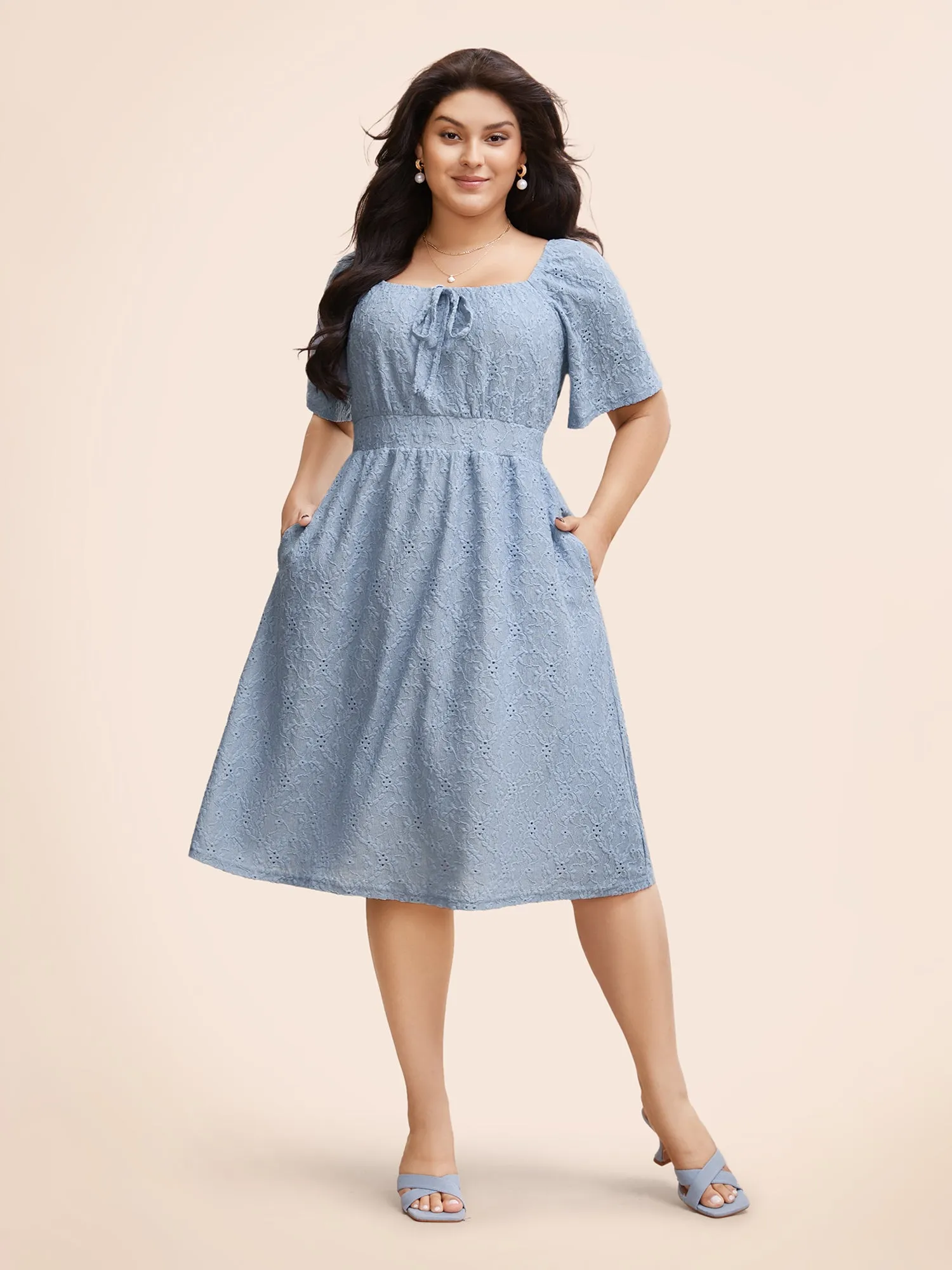 Textured Bowknot Ruffle Sleeve Dress sold by Bloomchic product image thumbnail 4