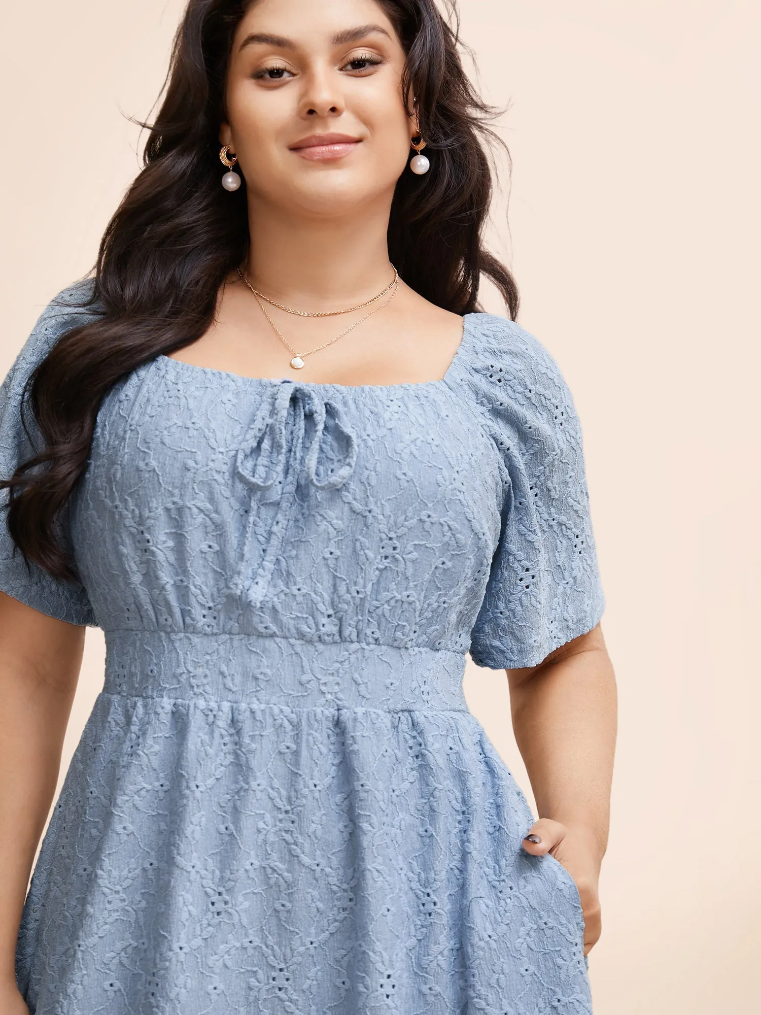 Textured Bowknot Ruffle Sleeve Dress sold by Bloomchic product image thumbnail 2