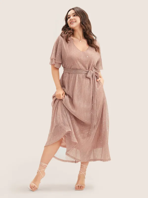 Plain V Neck Mesh Pocket Ruffle Tiered Belted Midi Dress sold by Bloomchic