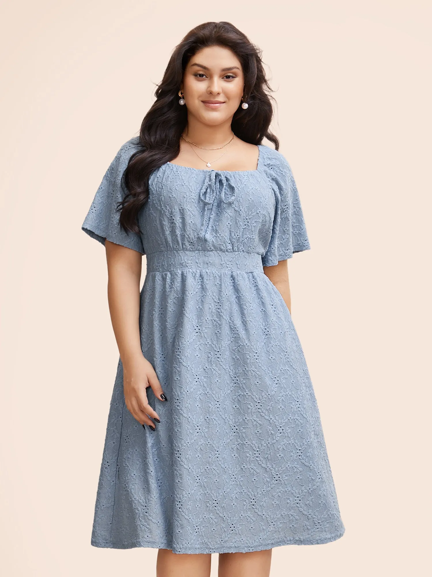 Textured Bowknot Ruffle Sleeve Dress sold by Bloomchic