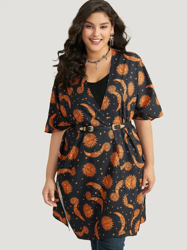 Halloween Moon & Star Print Open Front Split Hem Kimono sold by Bloomchic