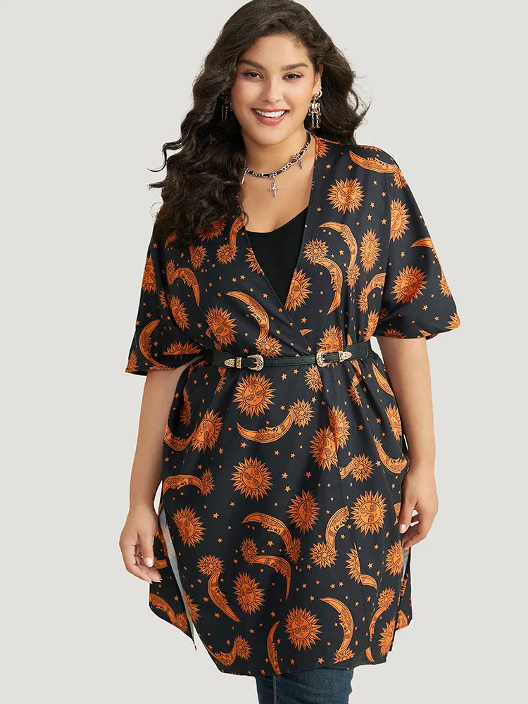 Halloween Moon & Star Print Open Front Split Hem Kimono sold by Bloomchic