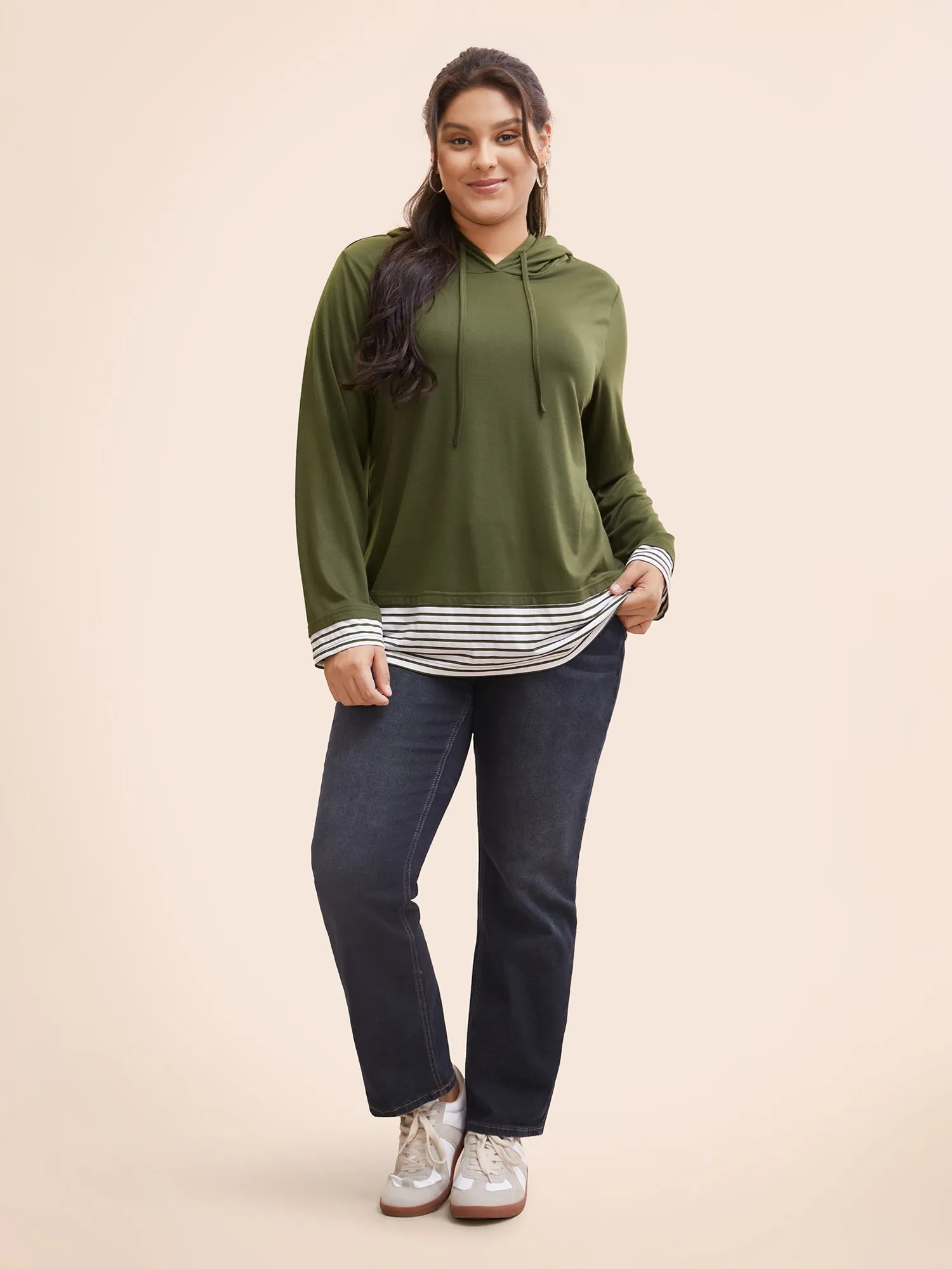 Striped Patchwork Hooded Drawstring T-shirt sold by Bloomchic product image thumbnail 3