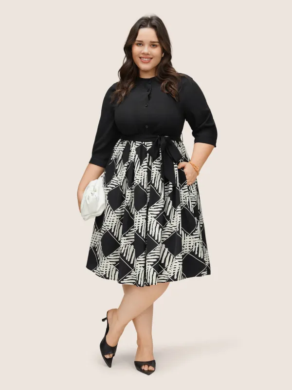 Geometric Belted Mock Neck Button Up Dress sold by Bloomchic