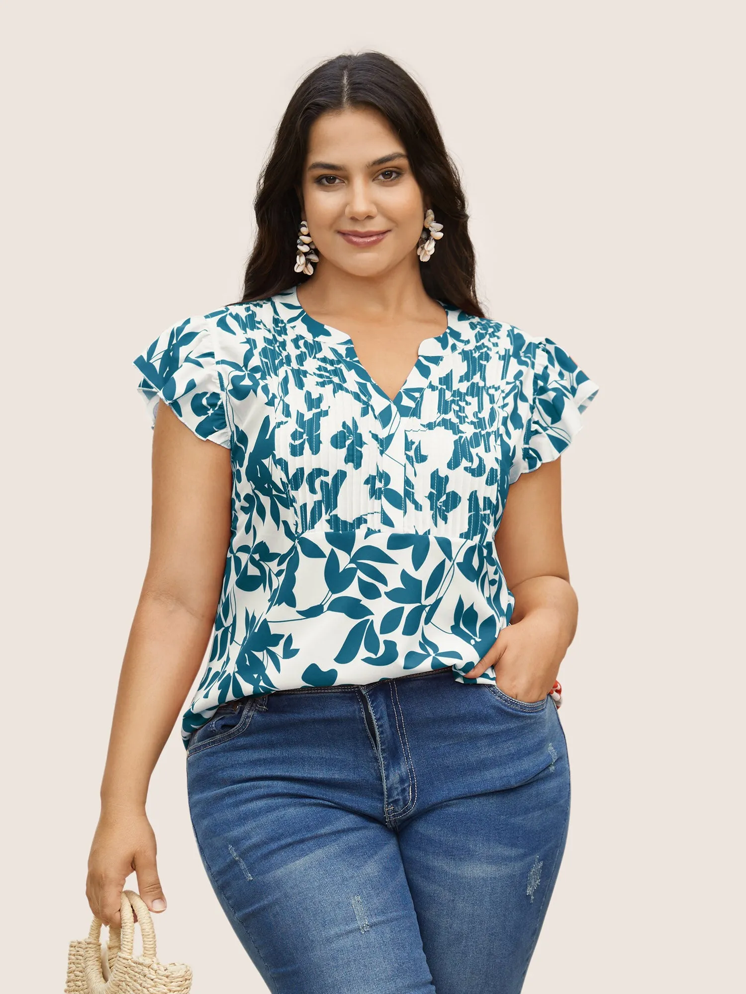 Silhouette Floral Print Notched Collar Pleated Blouse sold by Bloomchic